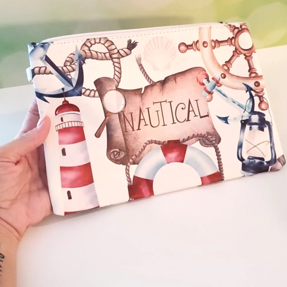 Nautical themed make up, clutch, carry pouch•Sea & ship grahics•NWT